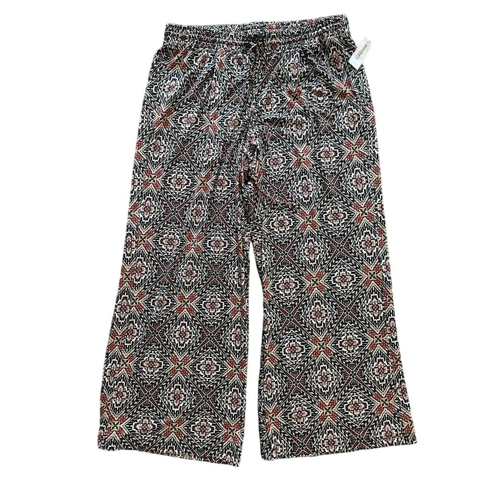 Roz & Ali Black Geometric Pull On Wide Leg Pants Size 1X NWT